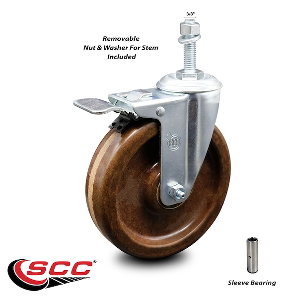 6 Inch High Temp Phenolic Swivel 3/8 Inch Stem Caster with Total Lock Brake SCC